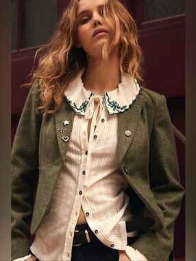 FREE PEOPLE Juniper Pointelle Knit Cardigan Peter Pan Embroidered Collar M NWT